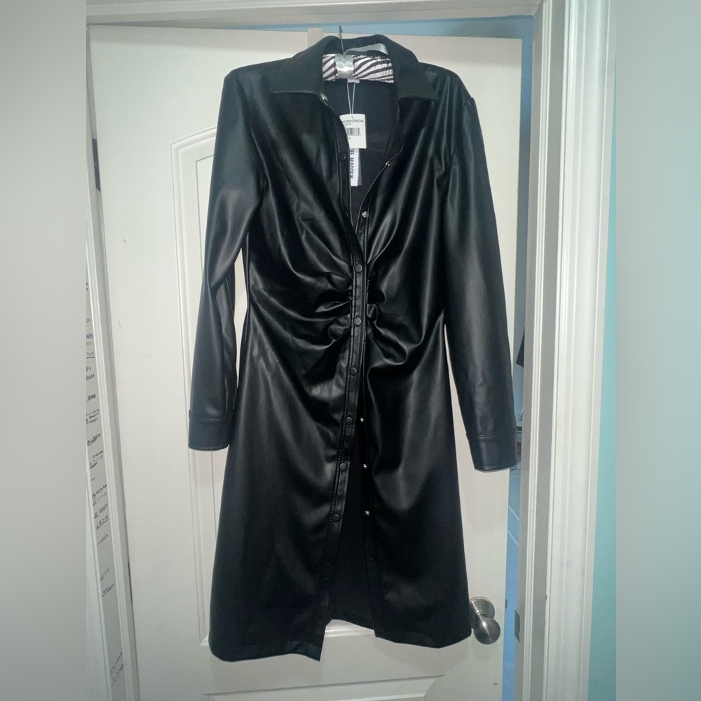 Elegant Black Faux Leather Long Sleeve Dress